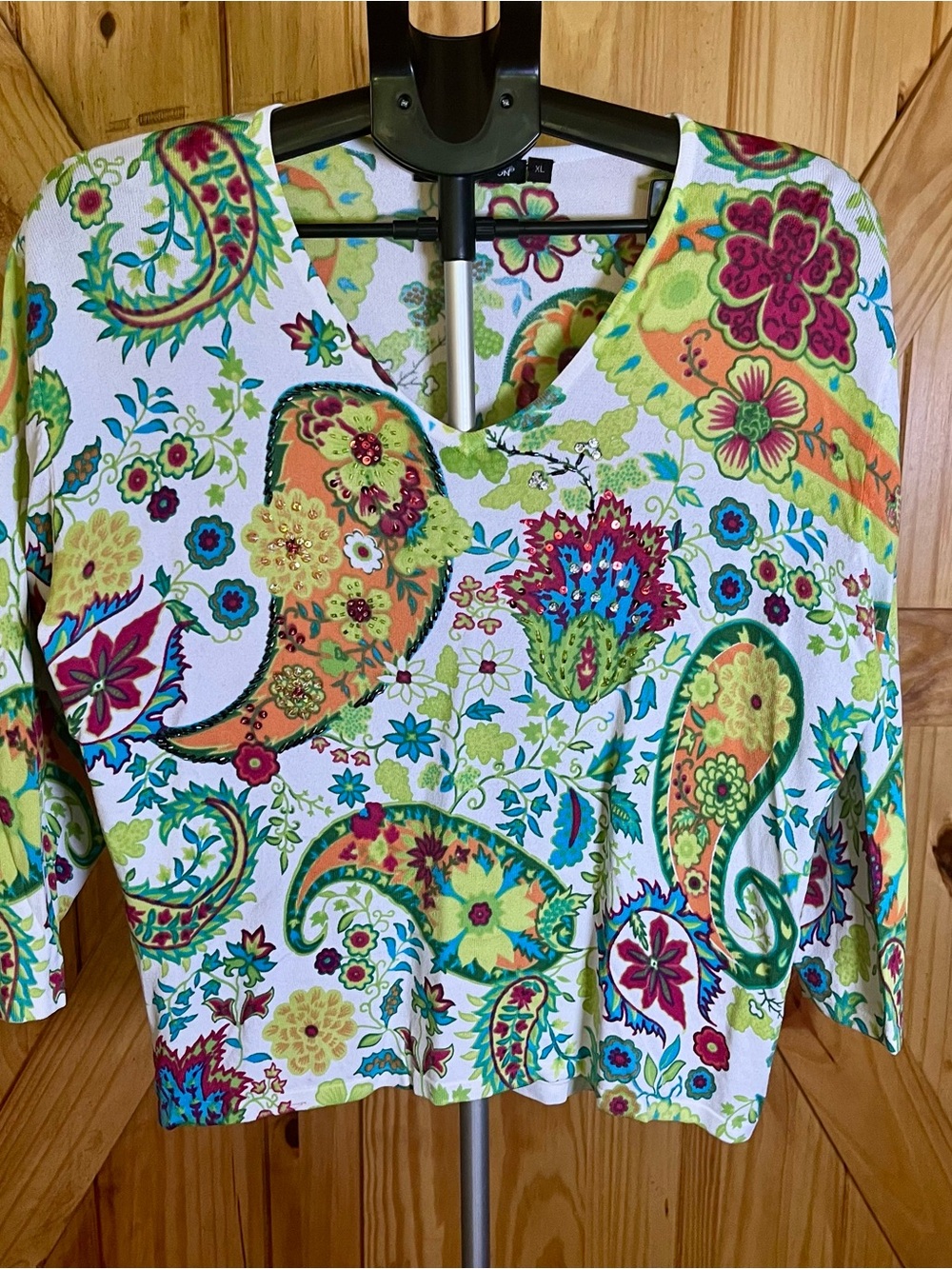 More Conception XL Paisley Floral 3/4 Sleeve V-Neck Knit Top Colorful